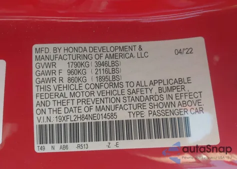 2022 Honda Civic Sport from USA, damaged, VIN 19XFL2H84NE014585